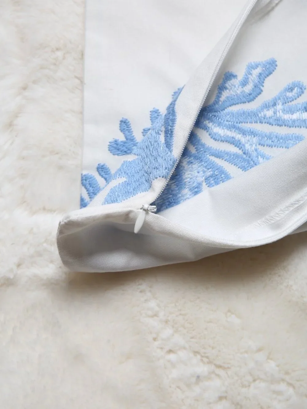 Blue Coral Embroidered Pillow Cover